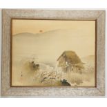 A Bun'ei pair of Japanese country scenes executed in ink and colour on silk and depicting boats on