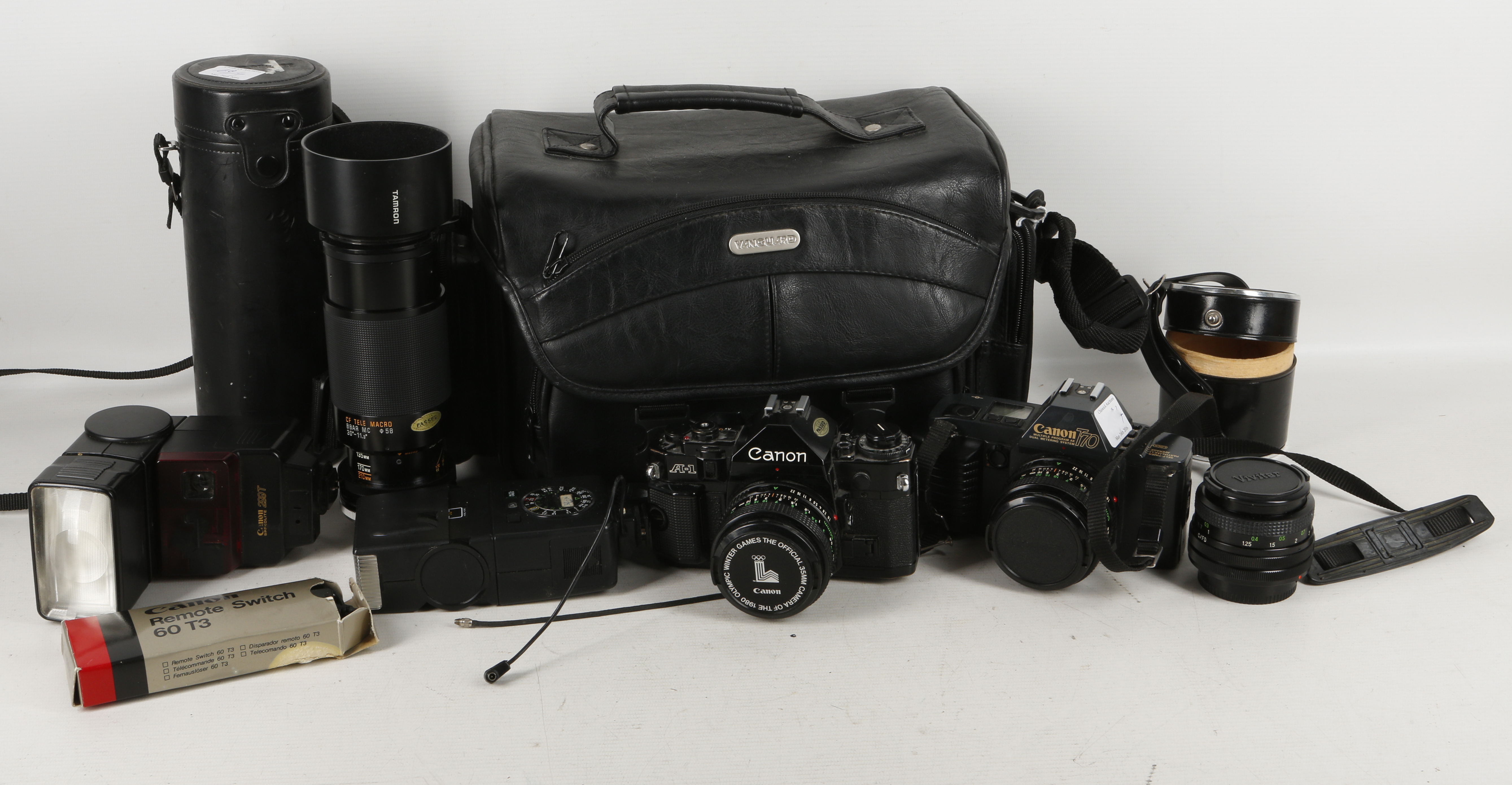 1 AI camera with 50mm 1.8 Cannon T70 camera 50 F1.8 lens, 2 flashes Speed Lito 299T with bag,