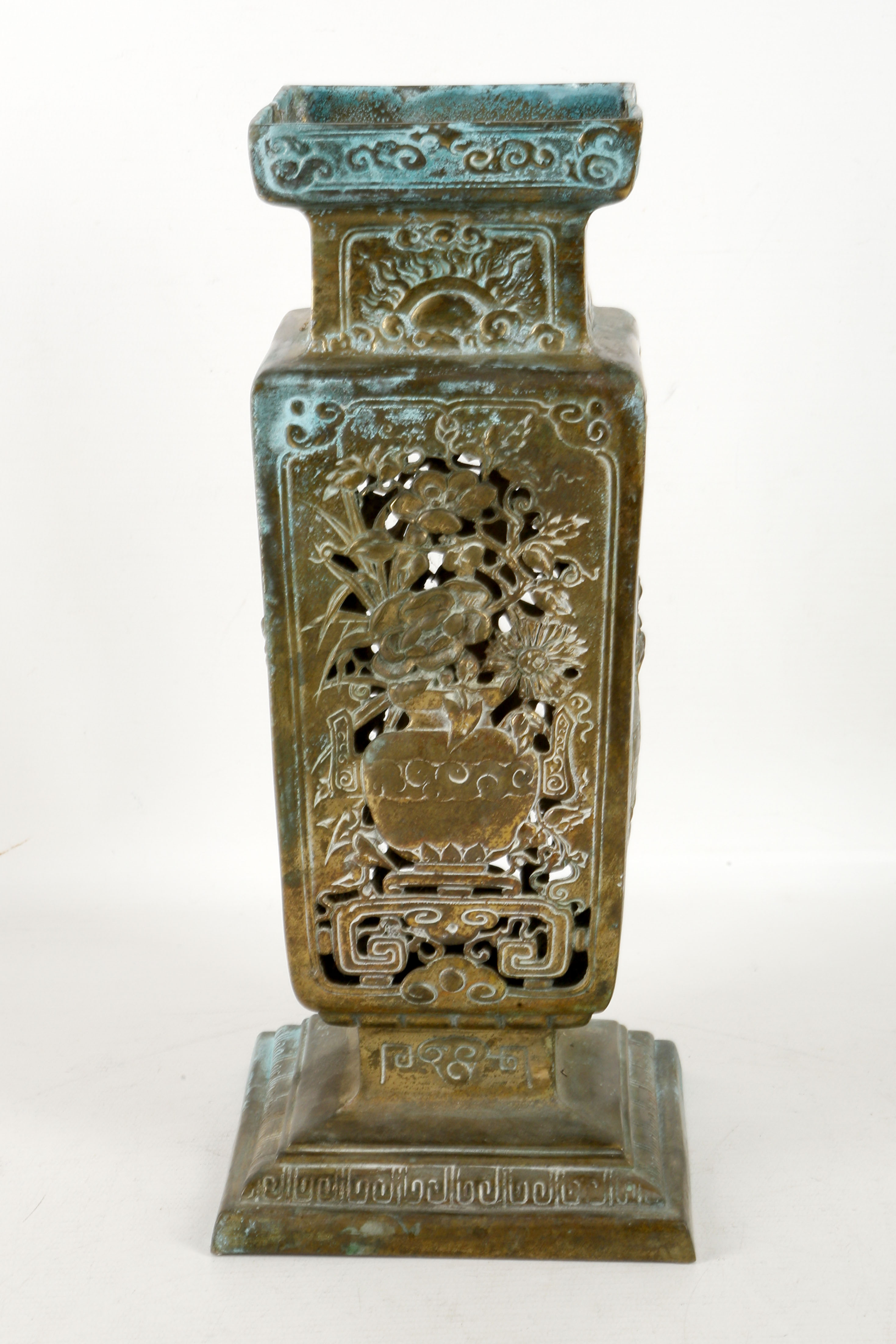 A Chinese copper alloy square section reticulated lantern, the sides decorated with vases filled - Image 2 of 4