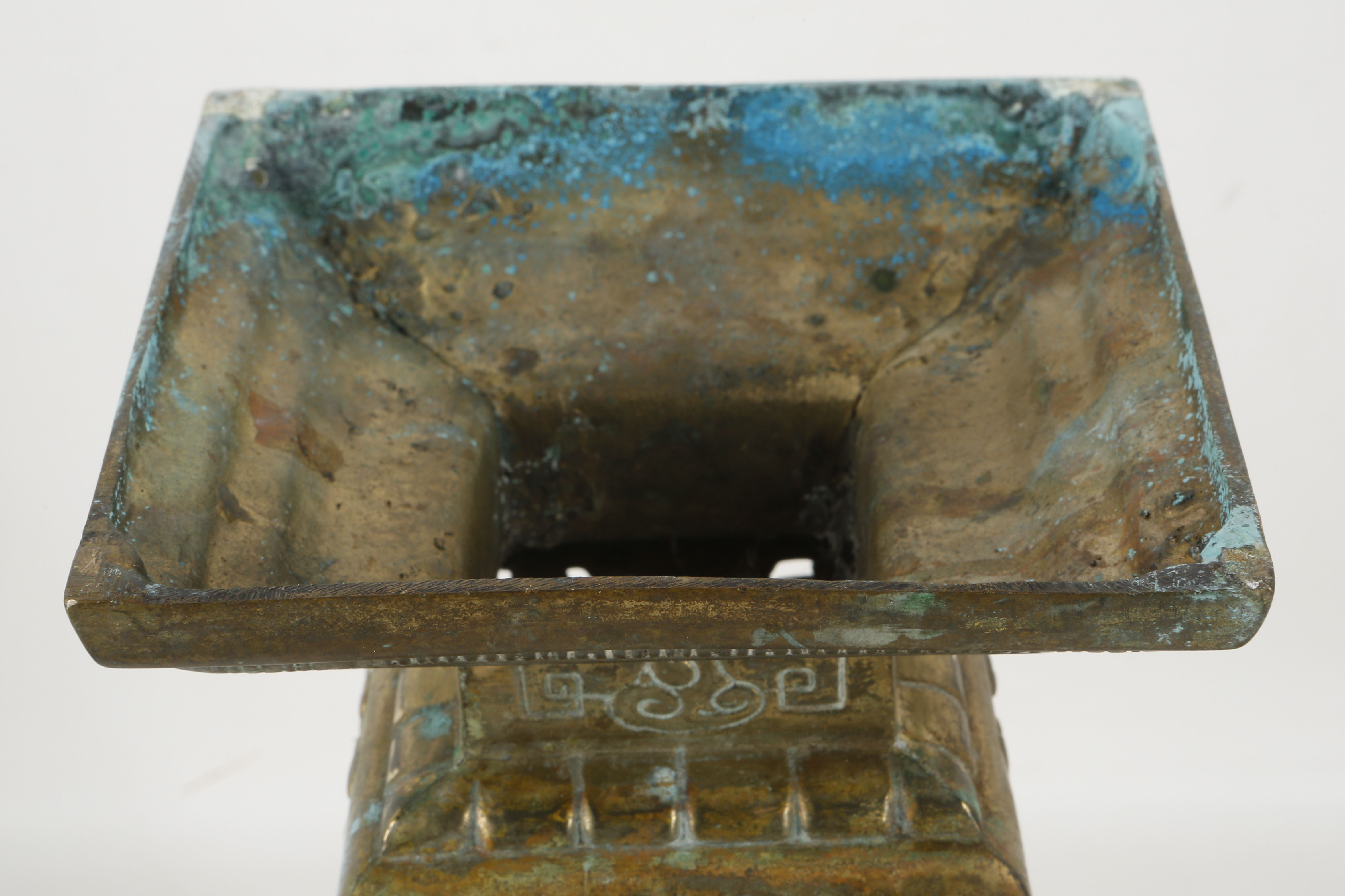 A Chinese copper alloy square section reticulated lantern, the sides decorated with vases filled - Image 4 of 4