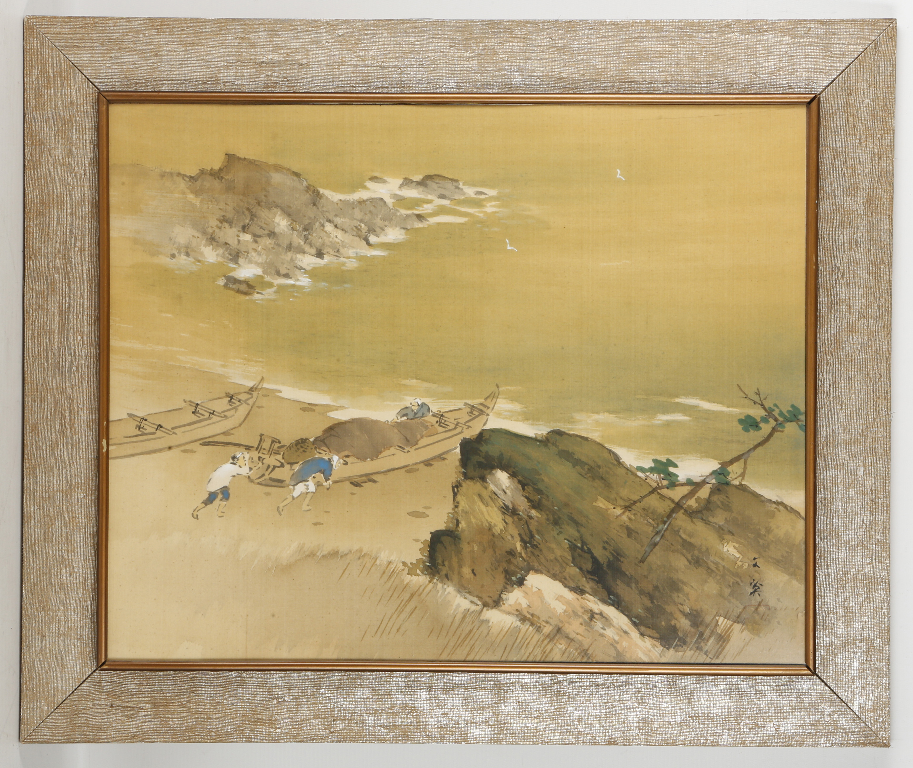 A Bun'ei pair of Japanese country scenes executed in ink and colour on silk and depicting boats on - Image 3 of 4