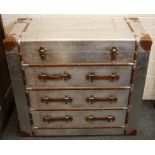 A leather clad and beechwood bound travelling mule chest, having hinged top over three long drawers