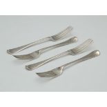 Set of four antique George IV dinner forks by William Chawner, London 1828. In old English