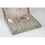 Vintage Danish Sterling Silver & enamel child's christening seven piece cutlery set by A Michelsen