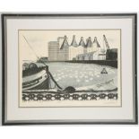 David Gentleman, 'Harbour Swans', a colour lithograph depicting an industrial harbour with milling