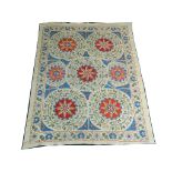 Turkish silk suzani rug, 1.97m x 1.56m, condition