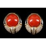 A pair of 18ct gold, cabouchon coral, diamond and