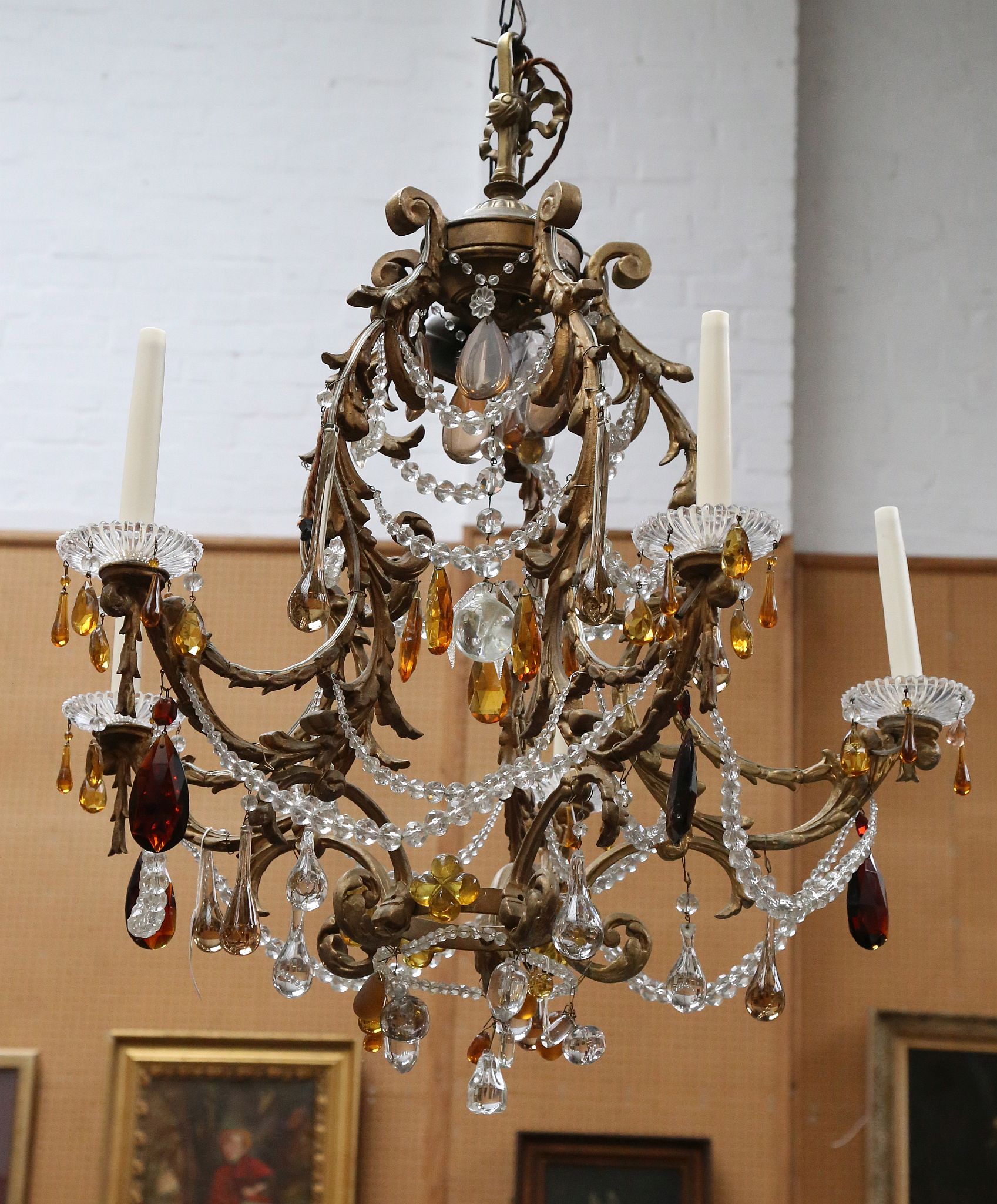 A French 5 branch gilded metal chandelier with ela - Image 2 of 3