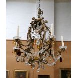 A French 5 branch gilded metal chandelier with ela
