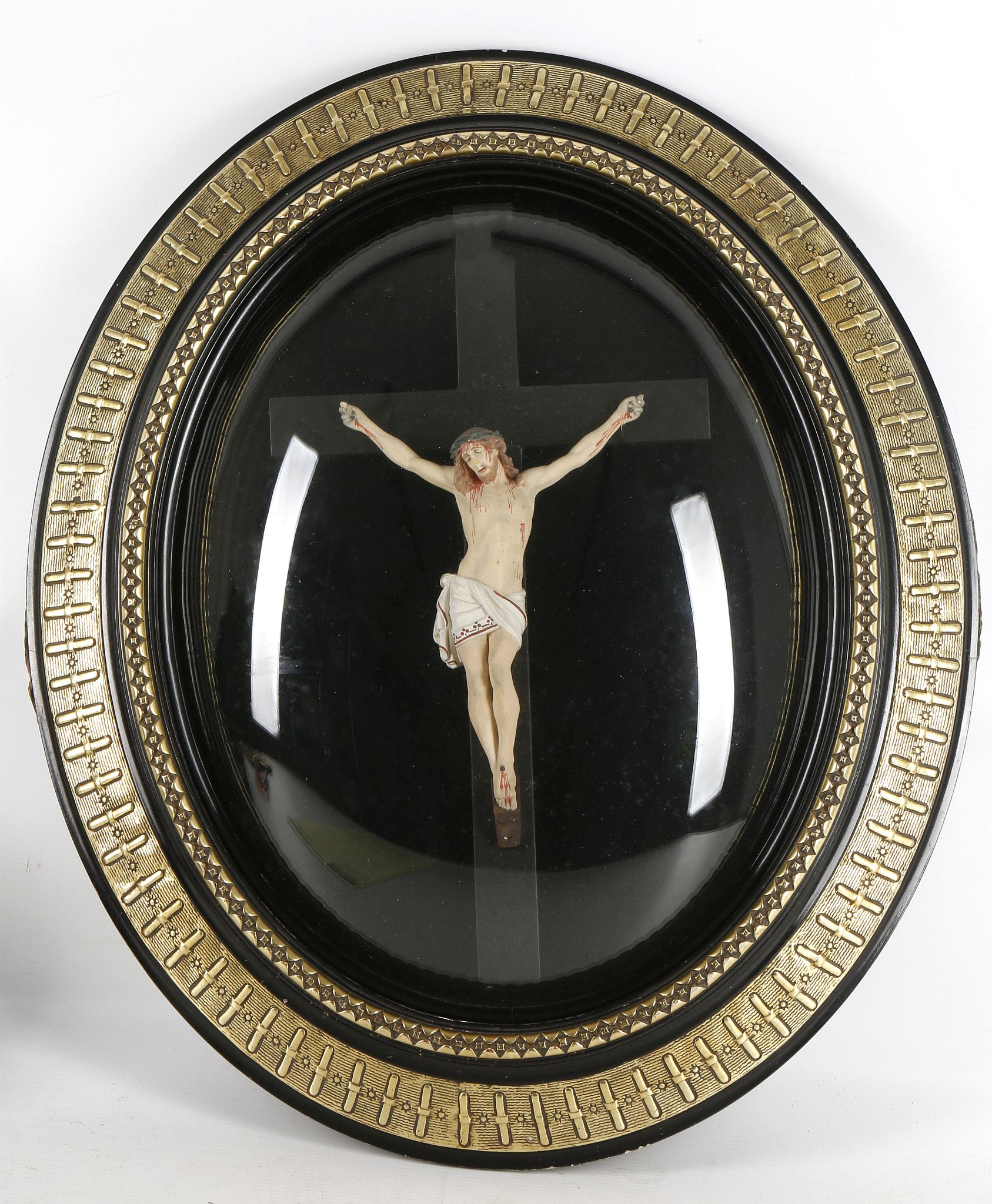 Religious crucifix study of Jesus, brass beading a