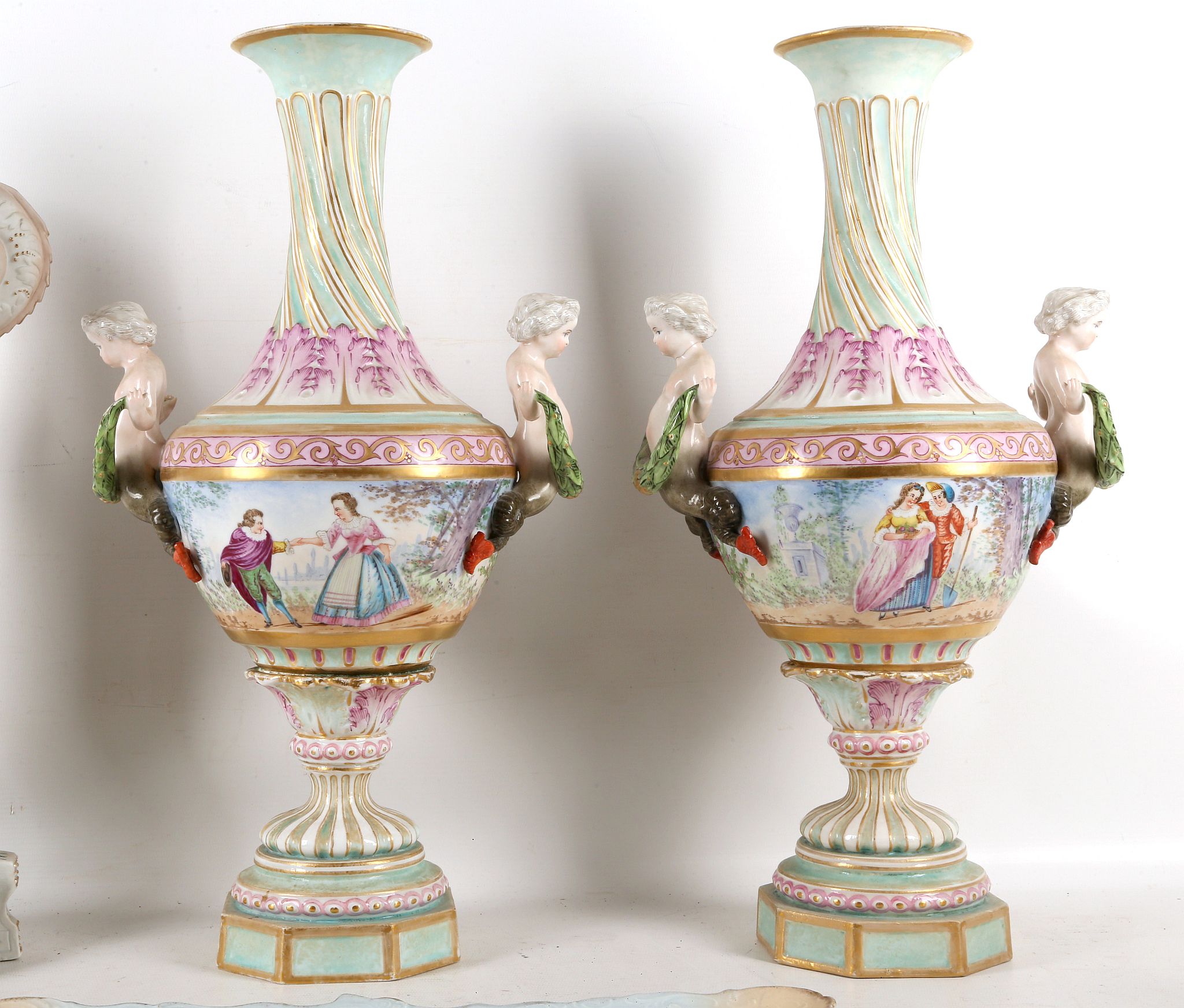 A large pair of Dresden urns, the centres painted - Image 2 of 7