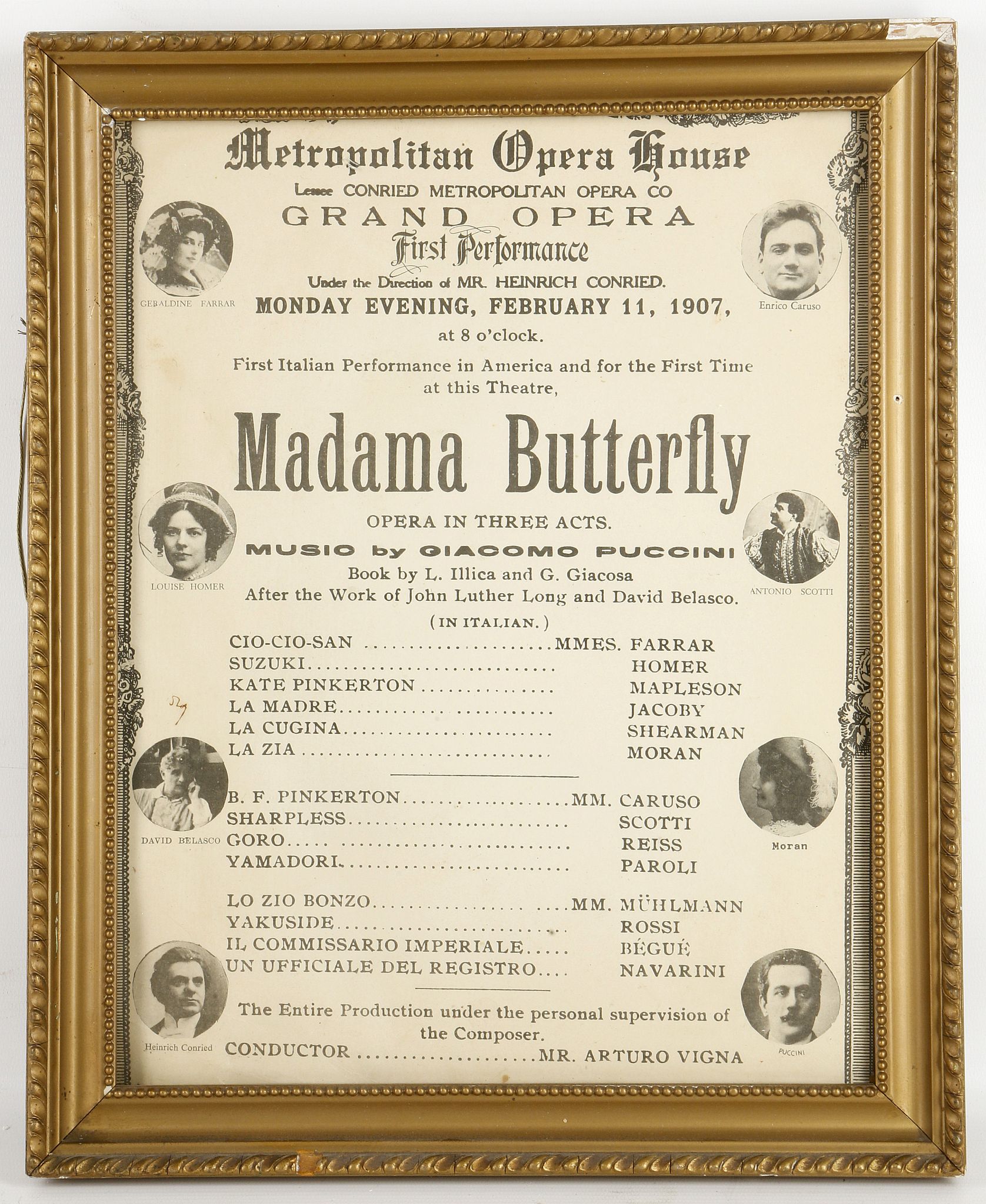 Three framed programmes for Madame Butterfly Opera, Aida and The Girl of the Golden West.  A print