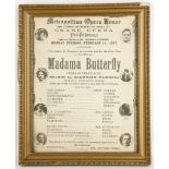 Three framed programmes for Madame Butterfly Opera, Aida and The Girl of the Golden West.  A print