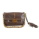 PRADA SHOULDER BAG, c.2004, brown studded leather with orange leather interior, brushed gold tone