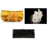 YVES SAINT LAURENT GOLD SATIN CLUTCH, feather pom-pom to the front, 22cm wide, with dust bag,