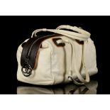 CHANEL COUNTRY CLUB BOWLER BAG, date code for 2006-2008, cream quilted leather with brown trim and