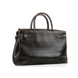 ASPREY DARCY HANDBAG, perforated dark brown leather with silver tone hardware, fabric lined