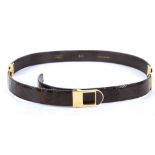 CROCODILE LEATHER BELT, retailed by Harrods, dark brown crocodile with gilt brass hardware, size