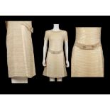 CHANEL DRESS, beige woven wool with sequinned panel, belted waist, silk lined, long label cut out