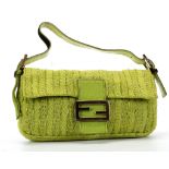 FENDI LIME GREEN BAGUETTE SHOULDER BAG, woven thread with vertical beaded decoration, pony skin