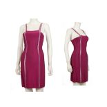 HERVE LEGER COCKTAIL DRESS, magenta stretch fabric with beaded straps and front decoration, no