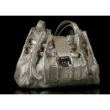 JIMMY CHOO RAMONA HANDBAG, silvered leather with pale gilt hard ware, suede lined interior, 35cm