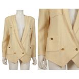 CHANEL BLAZER, c 1989, cream wool with cross over pointed front, gilt buttons and weighted chain