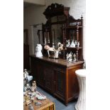 A late Victorian mirror back dresser chiffonier, mahogany, broken swan neck pediment, acanthus