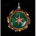 An unusual late 19th / early 20th century yellow metal, diamond, ruby, and coral set pendant, of