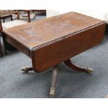 A 19th century mahogany drop leaf sofa table, on central column, dividing into 4 reeded legs with