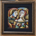 An oil painting portrait of masquerade masked figures, in studio frame, 49 x 48cm, +
