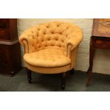 A pair of contemporary club style tub chairs, button-back apricot brush upholstery, mahogany