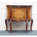 A French marble topped gilt mounted, parquetry demi-lune commode chest of two drawers on cabriole