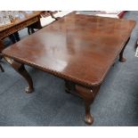 Early 20th century dining table, 10 seat, mahogany, two leaves. wind-out mechanism. large cabriole