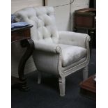 A pair of Swedish style armchairs, Regency stripe, white painted frame with trailing leaf and scroll