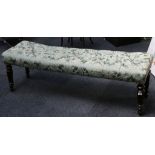 Window stool, green damask button-back upholstery set on tapering, turned and fluted legs, 140cm