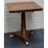 A Victorian mahogany tilt top occasional table, the square cross banded top raised on giltwood