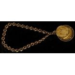 Two Austrian ducat coins, in yellow metal mounts, together with a yellow metal knot-link bracelet,