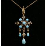 A yellow metal, diamond, turquoise, and enamel pendant, of quatrefoil form, suspended on an 18 carat