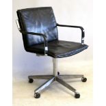 A 1970's BLACK LEATHER OFFICE CHAIR, manufactured