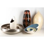 Contemporary glass, ceramics and metal items;  a Murano style vase, a mother of pearl clad ceramic