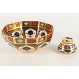 A Royal Crown Derby bone china octagonal bowl, 24cm wide in Imari design, pattern no. 1128. Sold