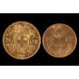 20 Swiss Francs gold coin c.1900 and 10 Swiss Fran