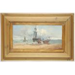 An extensive coastal scene oil painting, fishing boats and a figure with horse and cart on