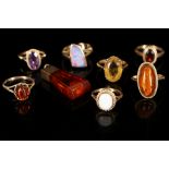 Seven various 9ct gold rings, set with amber, opal, citrine, amethyst and garnet, together with a