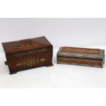 A Regency rosewood and brass inlaid sarcophagus form work box, and a carved and inlaid glove box (