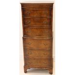 Narrow tallboy, burr walnut chest of 6 drawers, bracket feet, mid 20th century, 132 x 54cm.