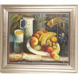 An oil painting, still life of fruit and ceramic ware in an interior, 46 x 56cm.