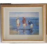 An oil painting seascape, children at the seaside paddling in shallow water, 28 x 39cm.