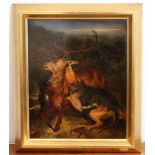 After Landseer, oil on board, deer being attacked by a dog, framed, 29 x 23cm.